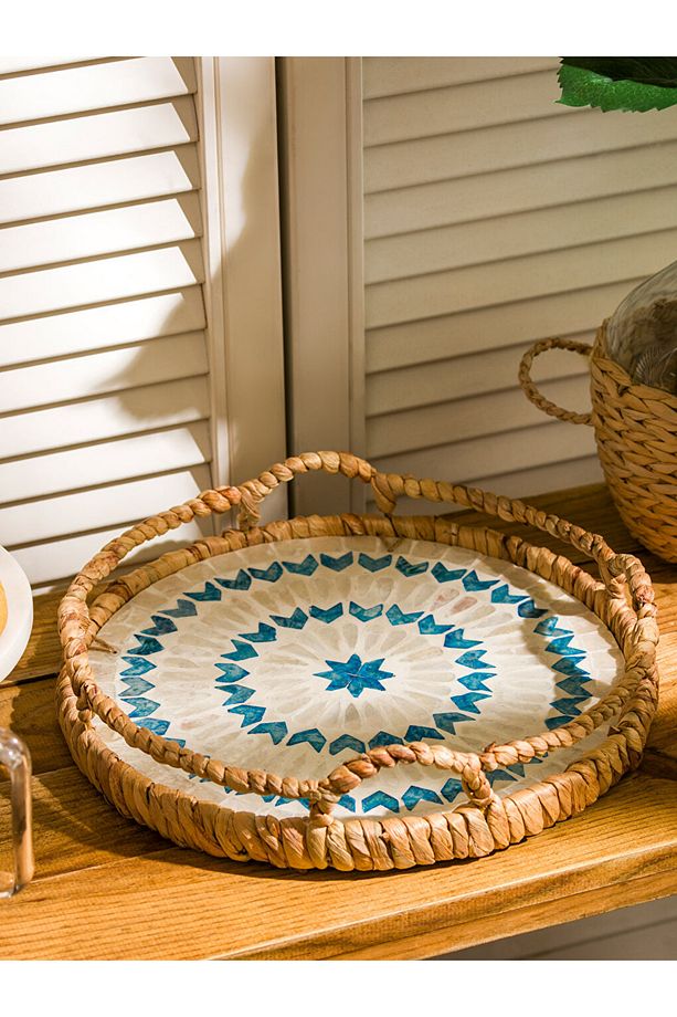 Kahverengi Dekoratif Yuvarlak Hasır Tepsi 31 cm - 2