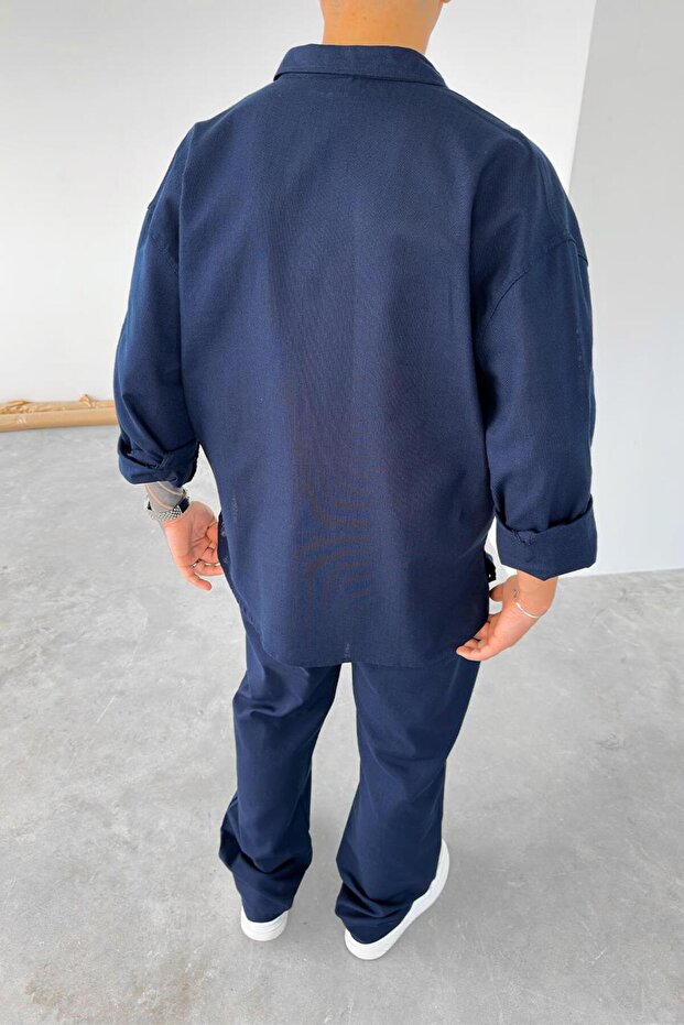 Lacivert Premium Keten Basic Oversize Gömlek - 4
