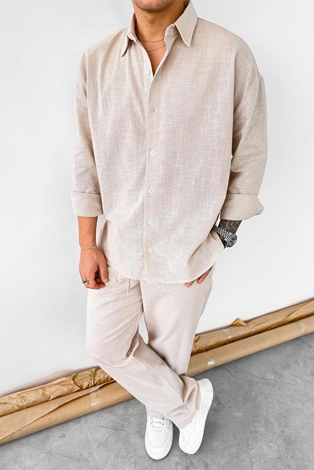 Taş Premium Keten Basic Oversize Gömlek - 1