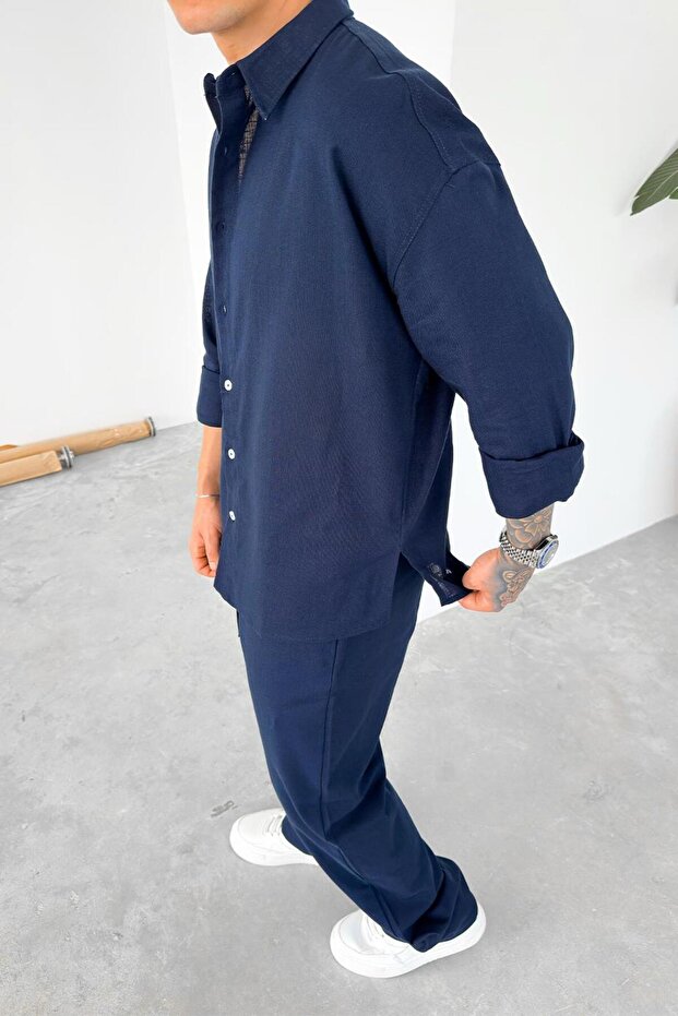 Lacivert Premium Keten Basic Oversize Gömlek - 3