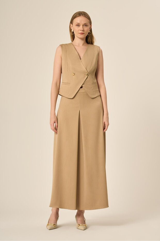 Women's Vest Skirt Striped Suit Beige 31147
