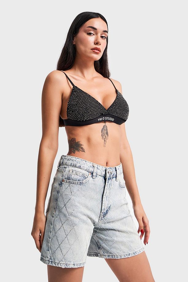 Kadın Tint Renk Önü Parlak Taşlı Mom Fit Denim Şort - 3