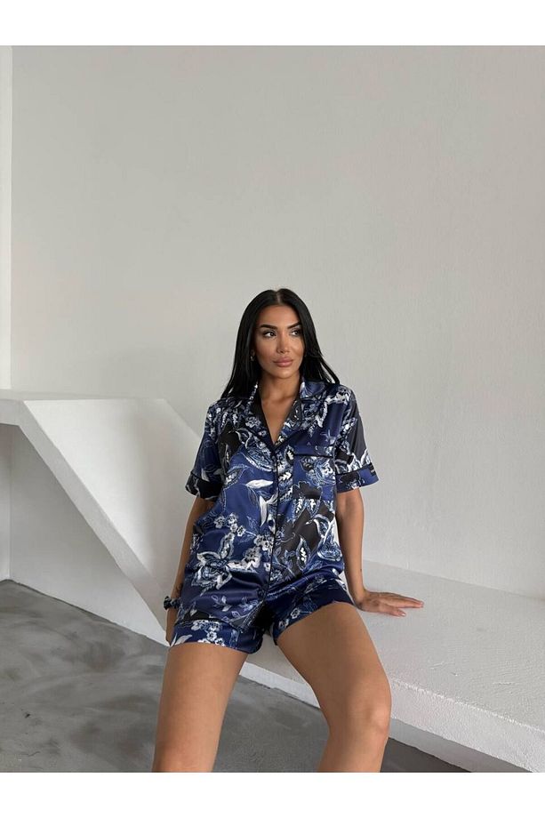 İpek Saten Şortlu Pijama Takımı-L - 3