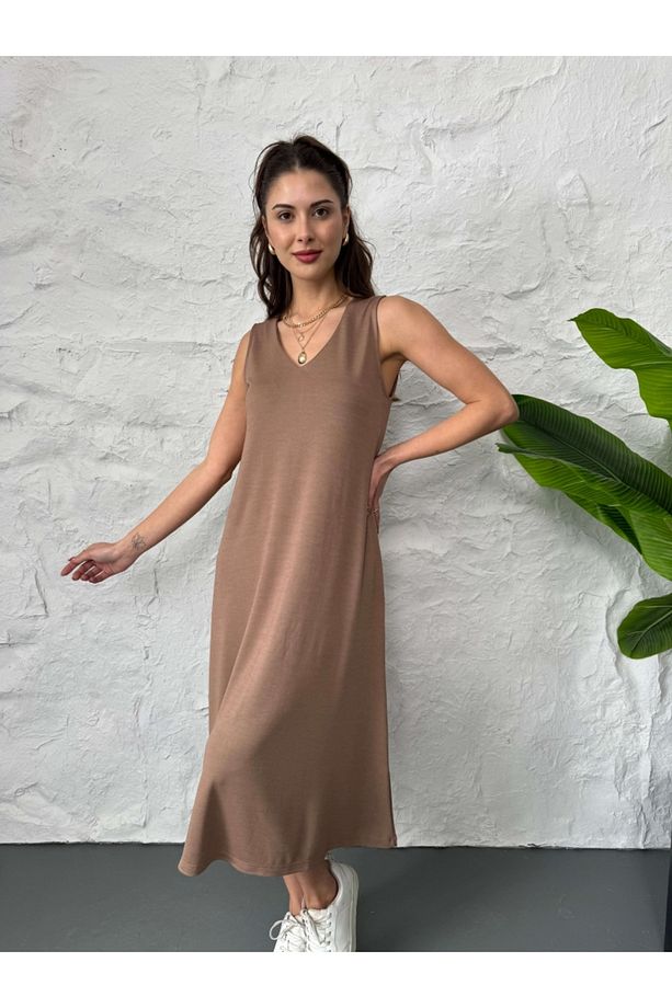 Kahve Sıfır Kol Modal Elbise - 3