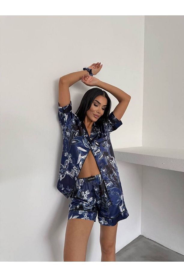 İpek Saten Şortlu Pijama Takımı-L - 1