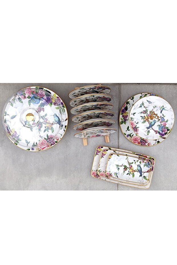 مجموعة أطباق تقديم الكيك المصنوعة من السيراميك بنمط الطيور مكونة من 11 قطعة - 3