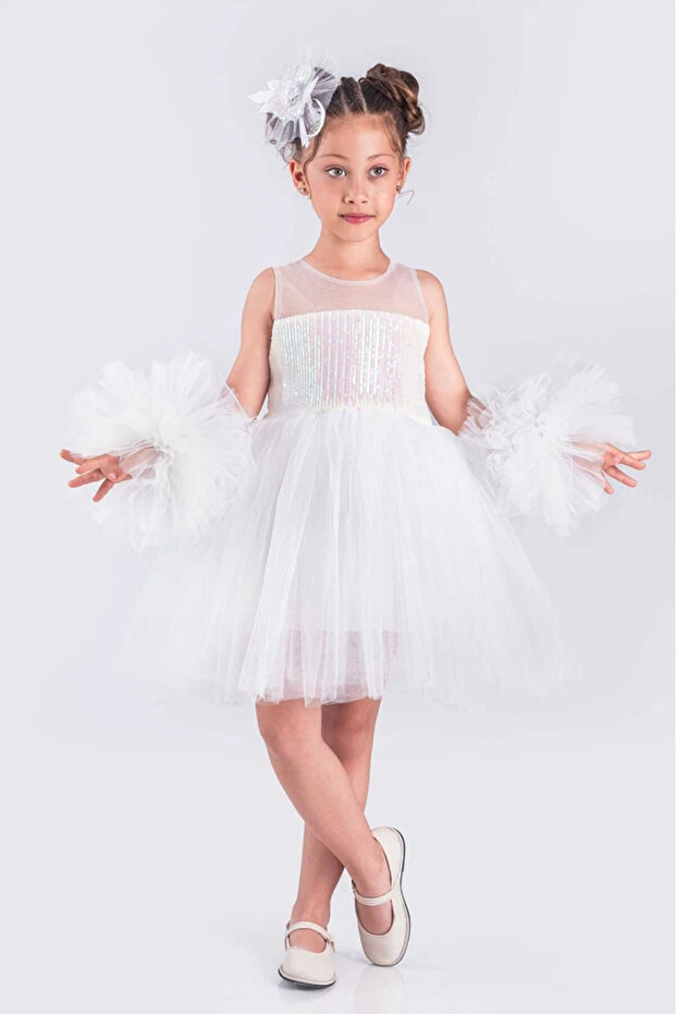 Girl's Evening Dress with Pompom Sleeves and Sequined Tutu