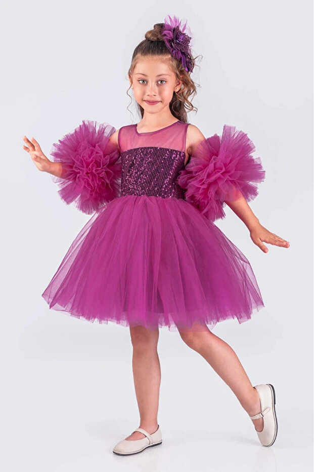 Girl's Evening Dress with Pompom Sleeves and Sequined Tutu