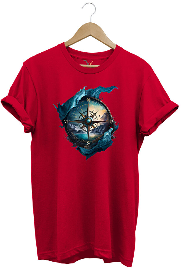 Colorful Landscape and Compass Printed 100% Cotton Regular Fit Red T-Shirt