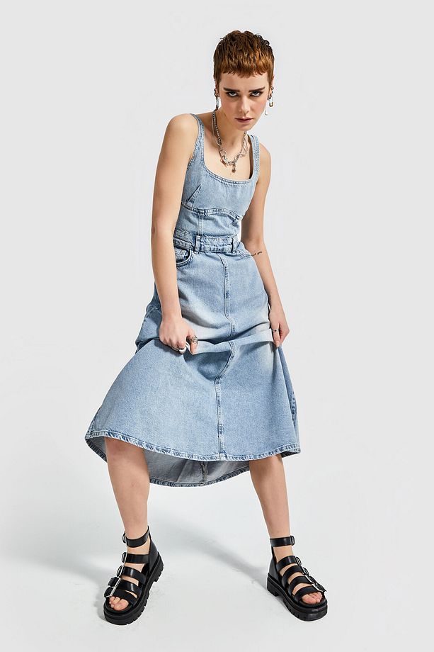 Kadın Kot Rengi Maxi Boy A Tipi Kesim Denim Elbise - 5