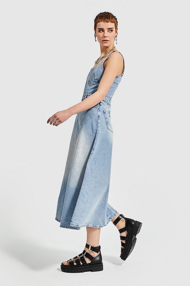 Kadın Kot Rengi Maxi Boy A Tipi Kesim Denim Elbise - 4