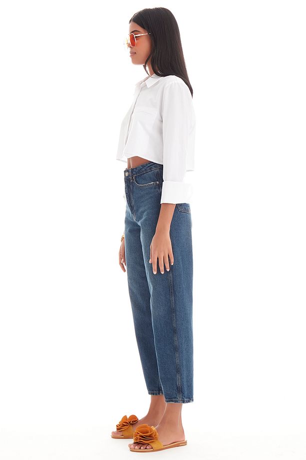 Kadın Tint Kot Rengi Balon Mom Fit Rahat Kalıp Yüksek Bel Jean - 4