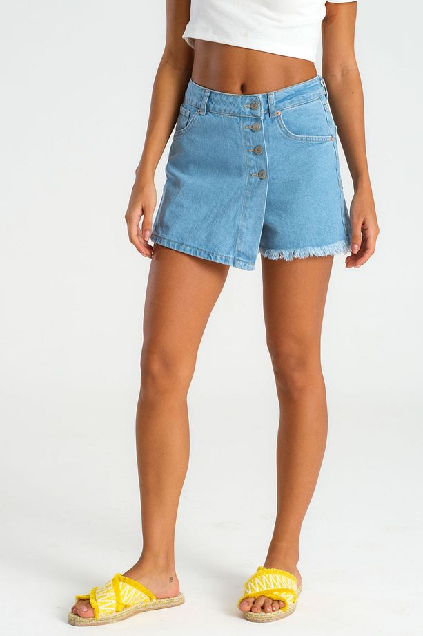Kadın Ice Mavi Renk Önü Düğmeli Denim Şort Etek - 6