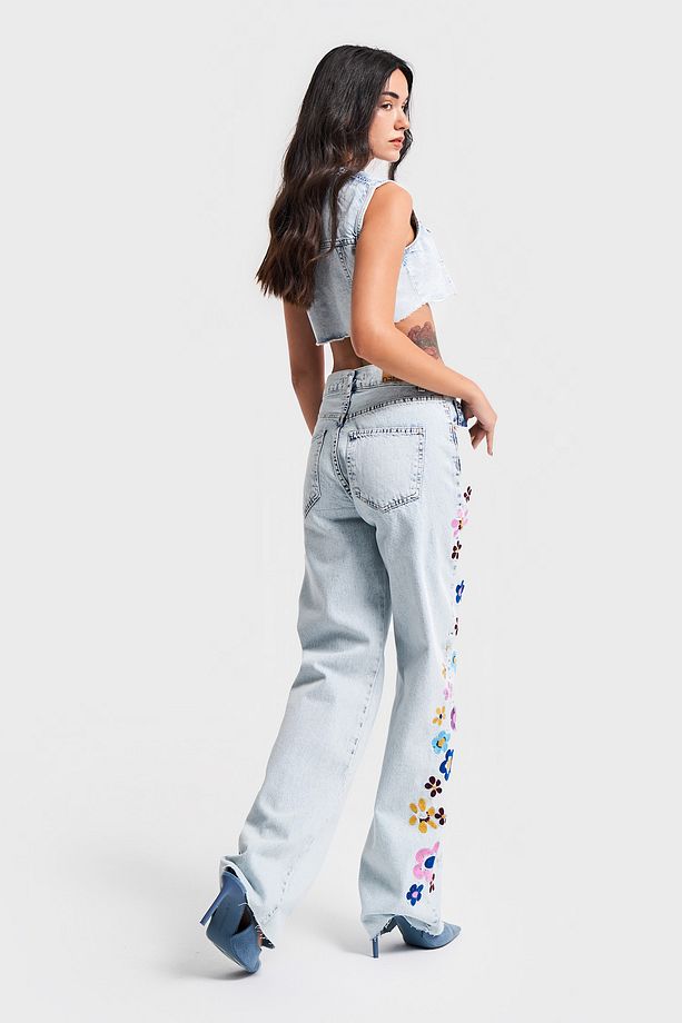 Kadın Snow Kot Rengi Çiçek Nakışlı Loose Fit Tasarım Denim - 5