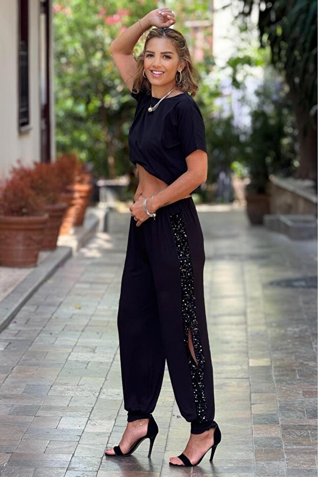 Black Sequined Slit Detailed Cotton Baggy Pants