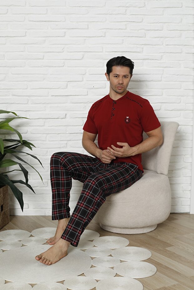 Men's Short Sleeve Buttoned Collar, Shoulder Piping, Burgundy Color Pajama Set