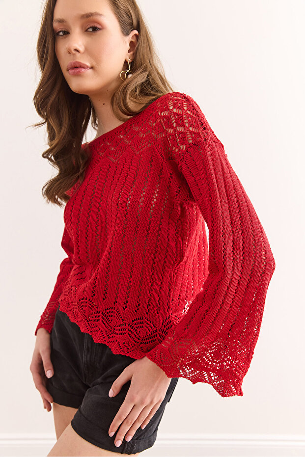 Women's Red Roba Lace-Up V-Neck Openwork Cotton Blouse Blz-19002272