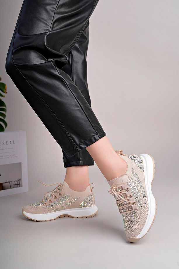 Kadın Bağcıklı Pullu Triko Poli Taban Spor Sneaker Ayakkabı-Bej - 3