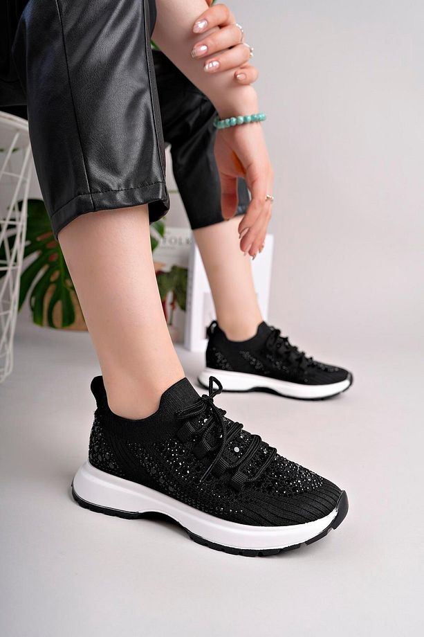 Kadın Bağcıklı Pullu Triko Poli Taban Spor Sneaker Ayakkabı-Siyah - 1