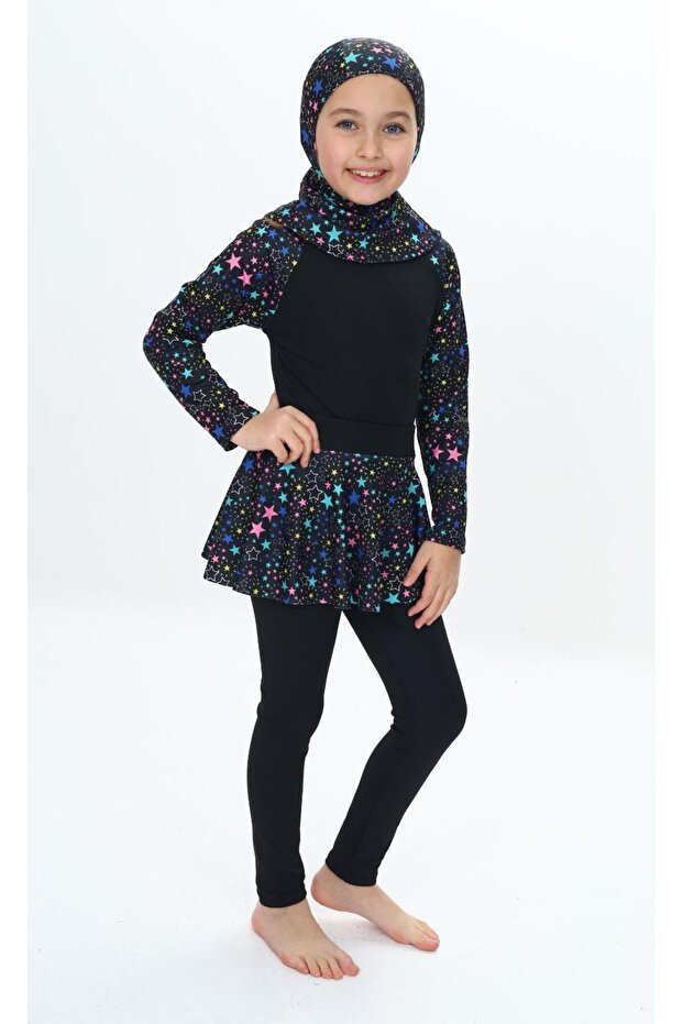 Modest Swimwear Star Print Patterned Diver Fabric Long Tights with Skirt Long Sleeve 3 Piece Swimsuit Set