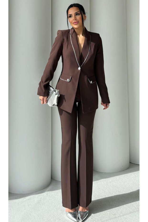 Women's Silver Detail Jacket Trousers Set Brown