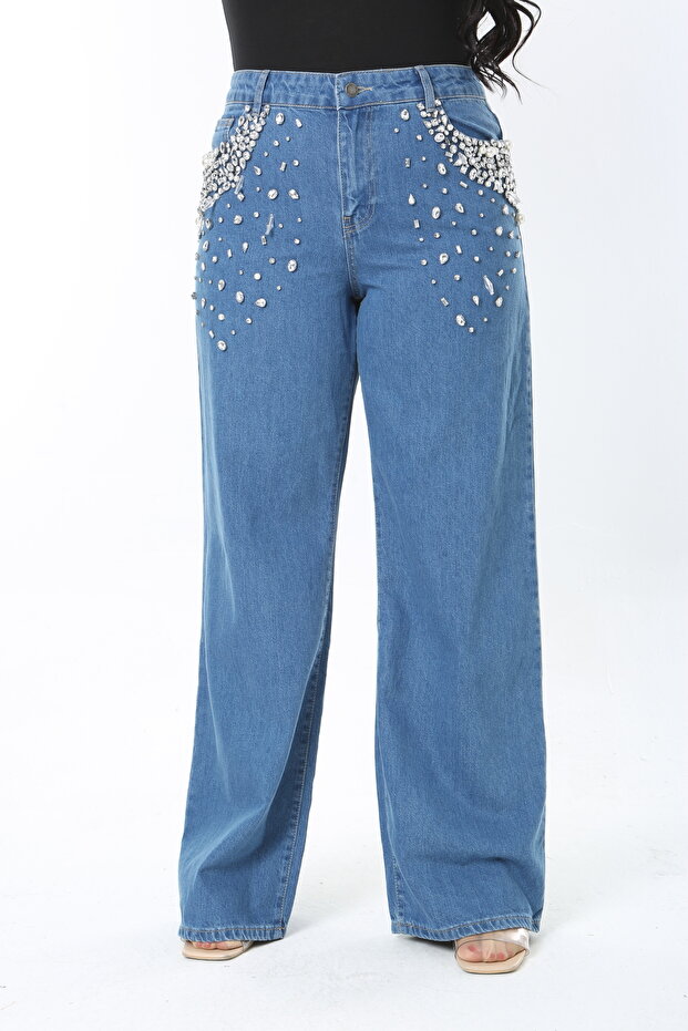 Women's Large Size Blue Stone Embroidered High Waist 5 Pocket Jeans 65N38895