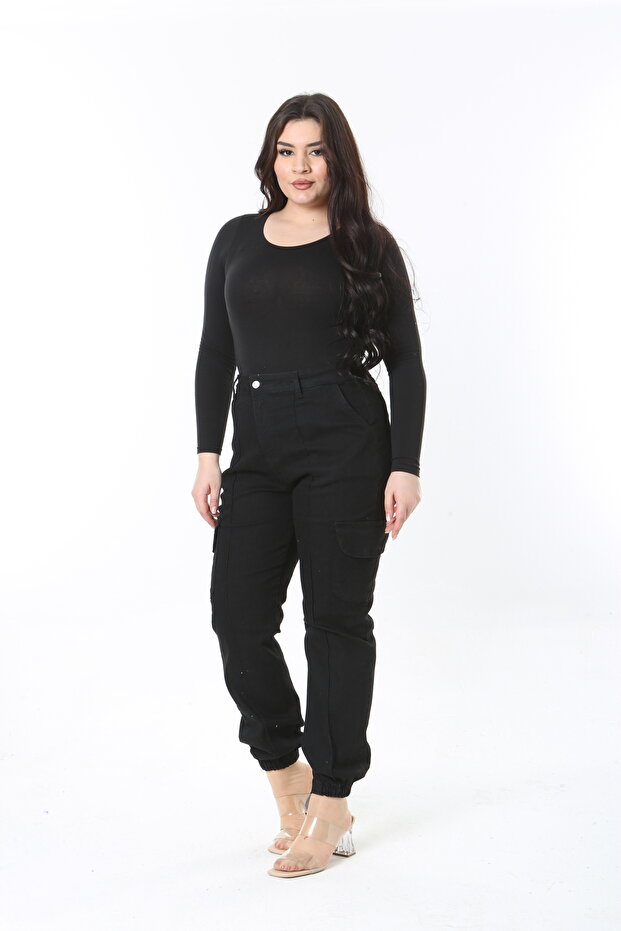 Women's Plus Size Black High Waist Elastic Crotch Hem Stitching Cargo Pocket Jeans 65N38898