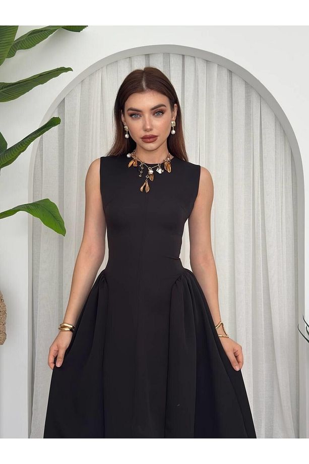 Bisiklet Yaka Piliseli Midi Boy Premium Kalem Davet Elbisesi - 3