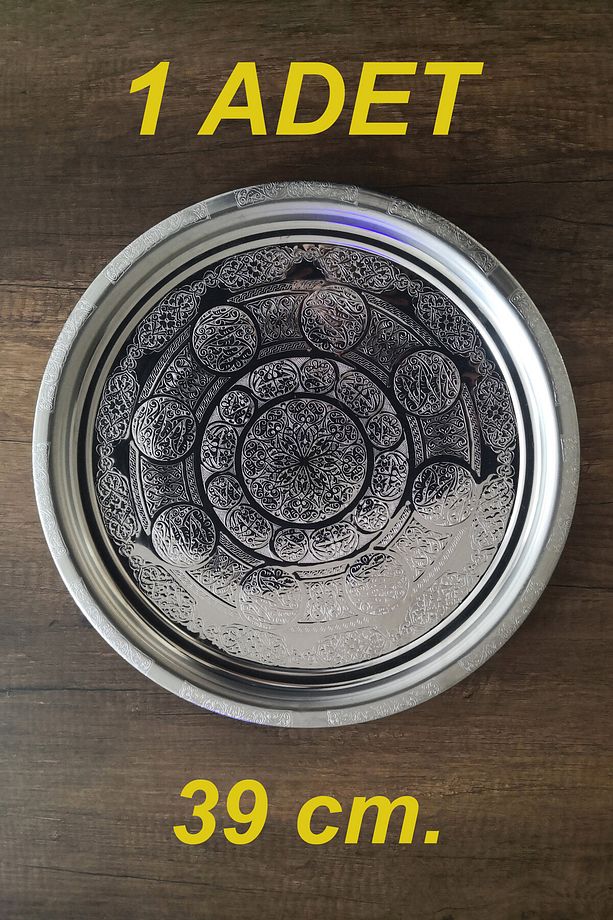 39 cm - Otantik Desenli Krom Çelik Meze ve Servis Tabağı, Salata Tabağı, Kebap Tabağı - 1