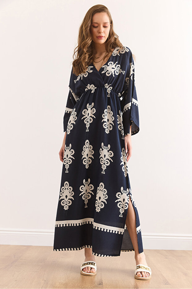 Double Breasted Collar Elastic Waist Maxi Slit Viscose Dress