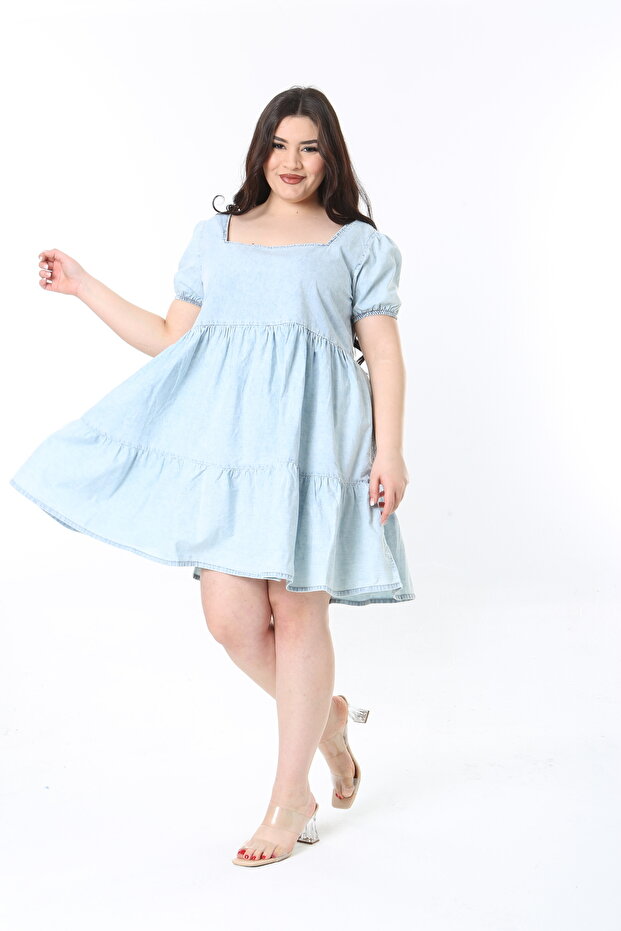 Women's Large Size Blue Washed Denim Fabric Square Collar Layered Denim Dress 65N38923