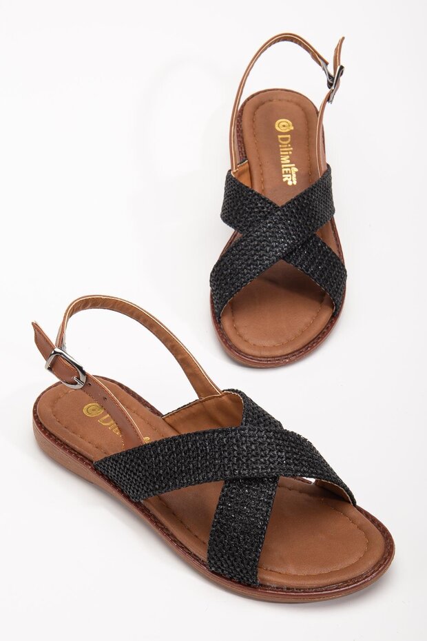 Women's Flat Heeled Sandals Black Straw Cross Strap