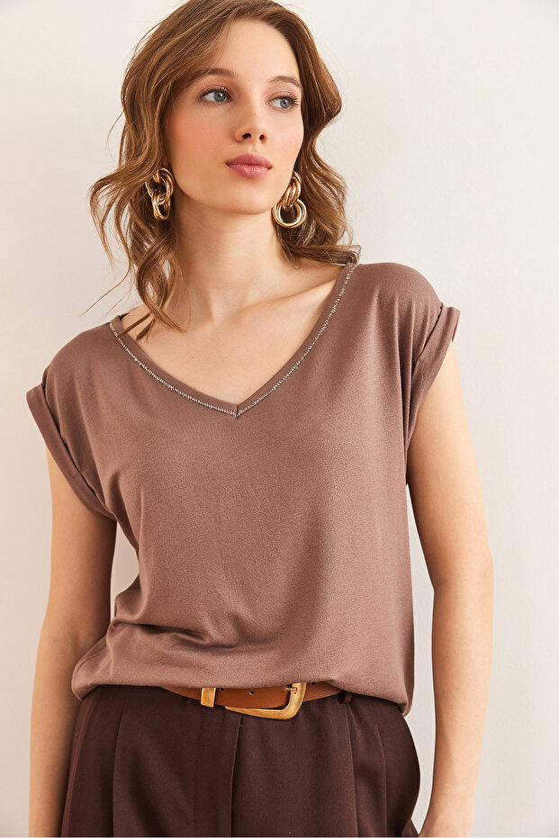 Women's Mink Silver Stitching Detailed V-Neck Knitted Viscose Blouse Blz-19002659