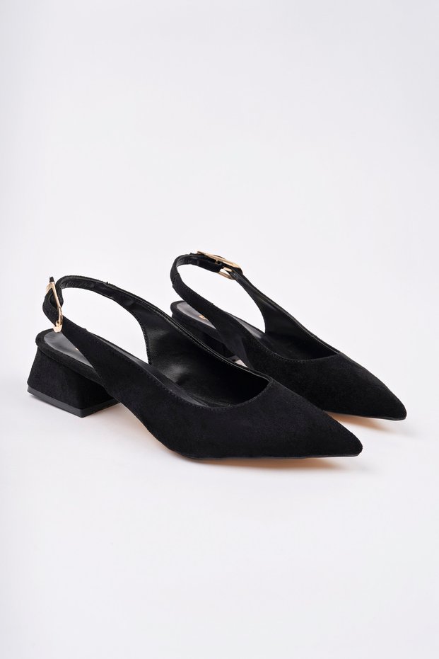 Women's Black Suede Stylish Buckle Short Heeled Shoes