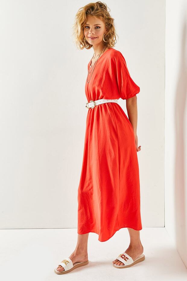 Women's Coral V-Neck Elastic Waist Bat Loose Dress ELB-19001946