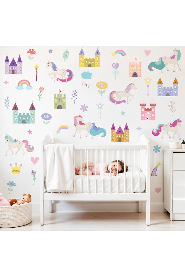 Unicorn Şato ve Suluboya Çiçekler Kız Çocuk Odası Duvar Sticker - 3