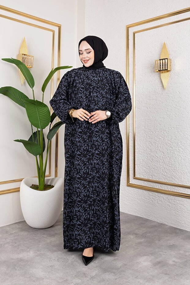 فستان فيسكوز منقوش مع روب - رمادي / E0126 - 4