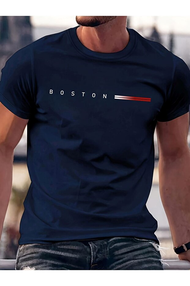 Boston Printed Single Jersey Navy Blue T-Shirt - Oversize Crew Neck T-Shirt