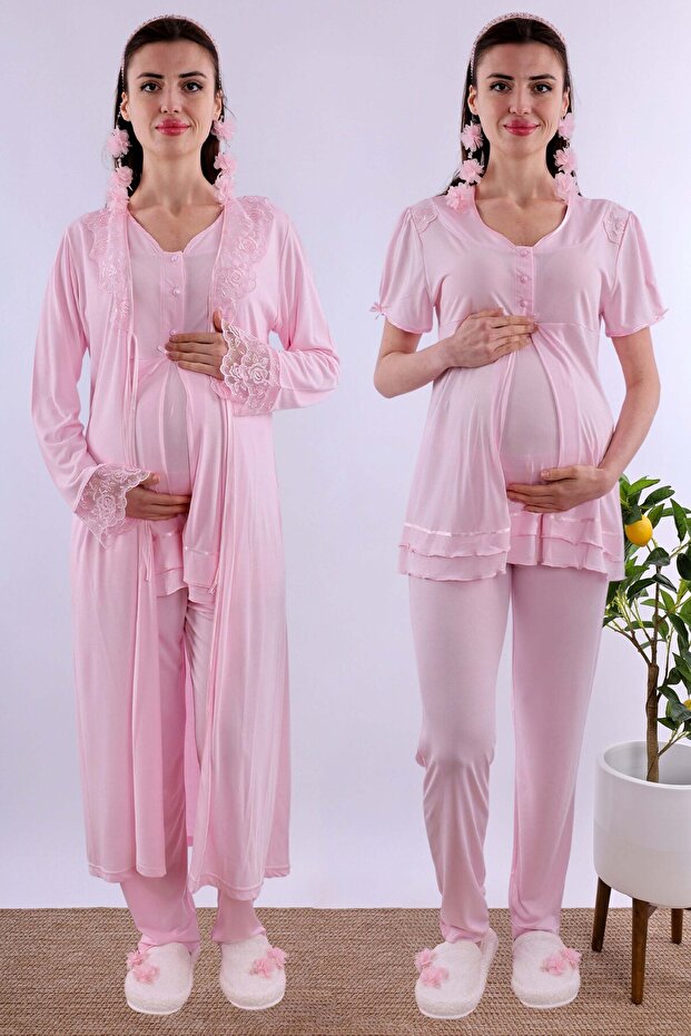 Effortt Pink Dressing Gown Maternity Pajama Set