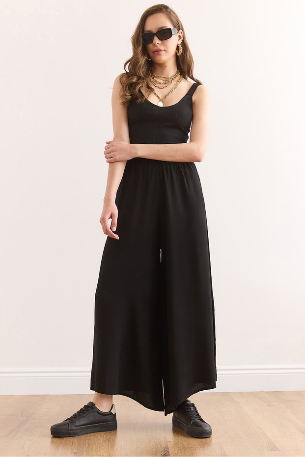 Women's Black Waist Thick Banded Flowy Skirt Pants Pnt-19000330