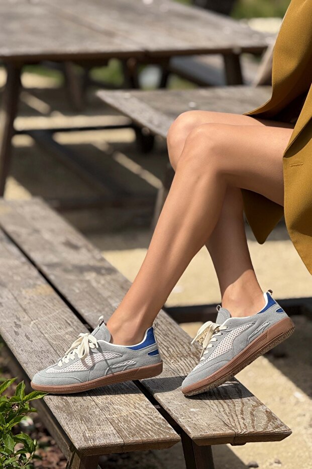 Myla Stone szürke velúr hálós részletes, lapos talpú női fűzős sportcipő - 1