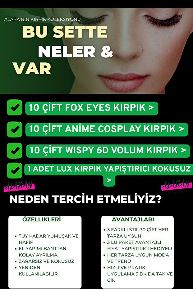 ALARA'NIN KİRPİK KOLEKSIYONUNDAN 30 ÇİFT 3 FARKLI STIL TAKMA KIRPIK SETİ - 5