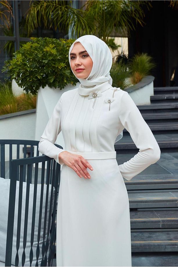AKSESUARLI DRAPE DETAYLI ELBİSE 43519 - 3