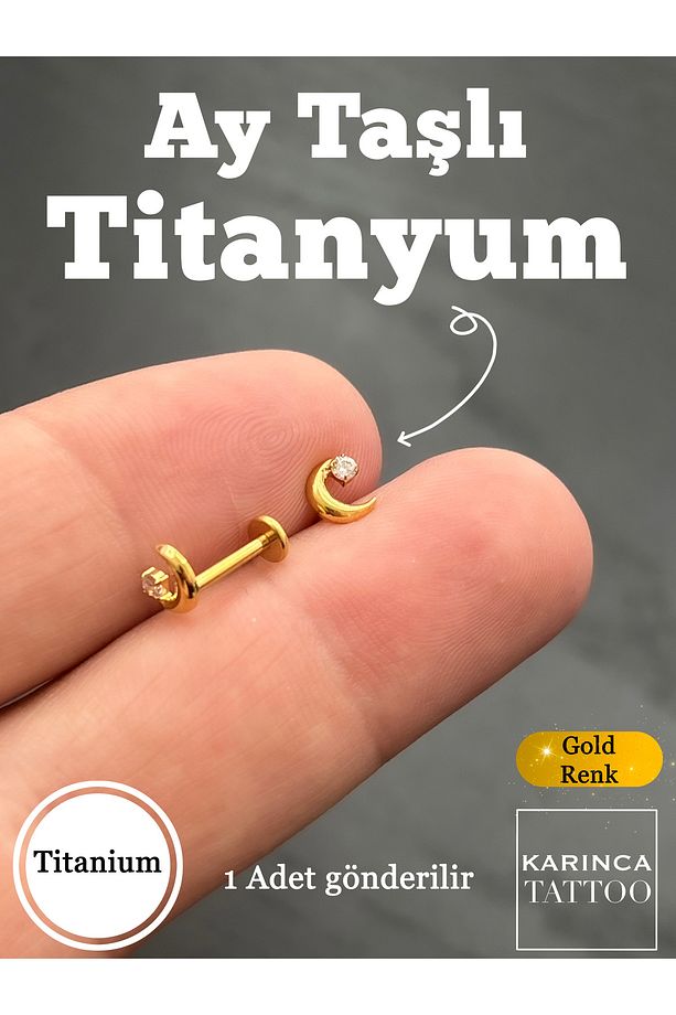 Titanyum Hilal Ay Taşlı Piercing Minimal Kıkırdak Flat Conch Dudak Burun Tragus Küpe Helix Piercing - 4