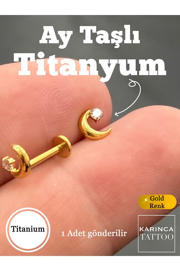 Titanyum Hilal Ay Taşlı Piercing Minimal Kıkırdak Flat Conch Dudak Burun Tragus Küpe Helix Piercing - 1