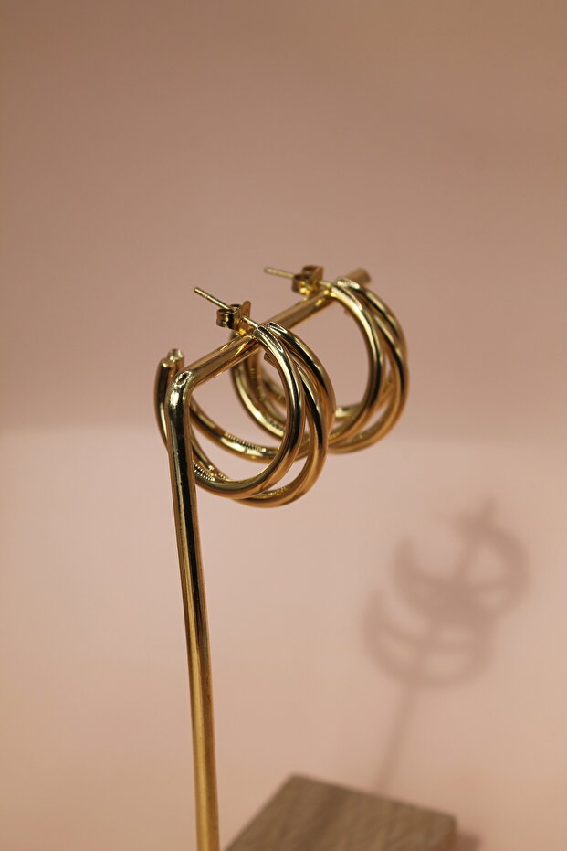 3 Hoop Detailed Gold Color Steel Earrings
