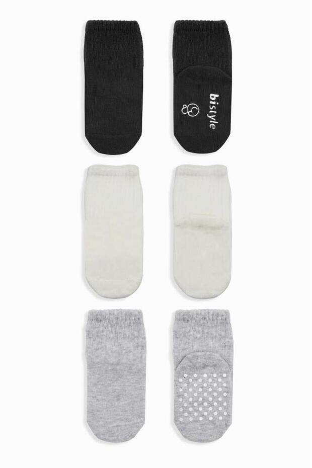 3-Piece Basic Non-Slip Combed Cotton Socks 10107 Black Ecru Gray