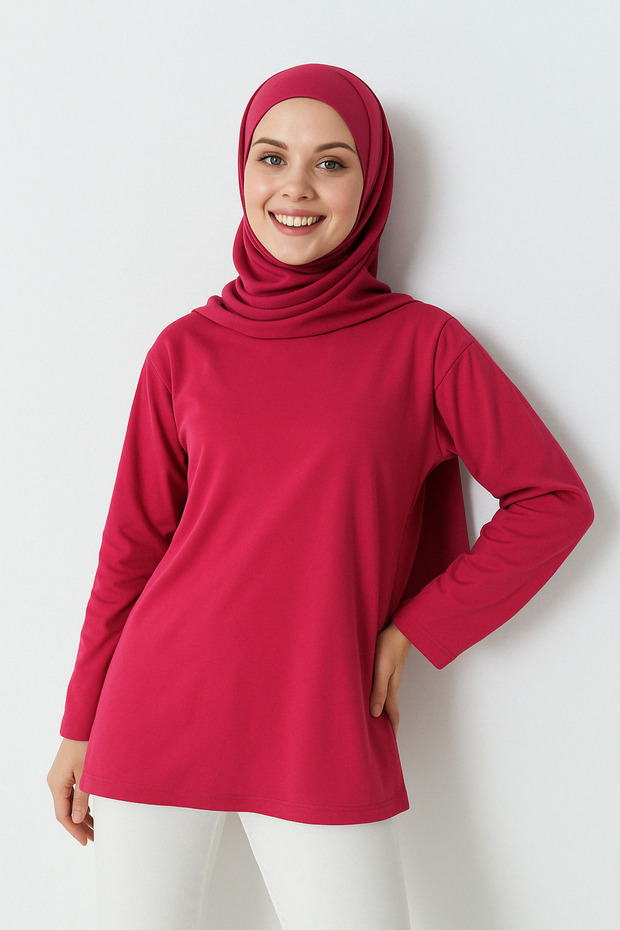 Fuchsia Cotton Combed Cotton Tunic Blouse | Long Sleeve Comfortable T-Shirt Stylish Top with Bandana Gift