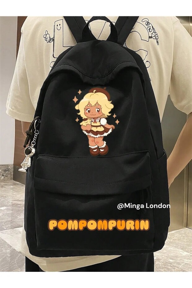 حقيبة ظهر مدرسية مطبوعة مزدوجة للفتيات باللون الأسود والأصفر من Pompompurin، وغرفة الدراسة، وحقيبة ظهر للدورة