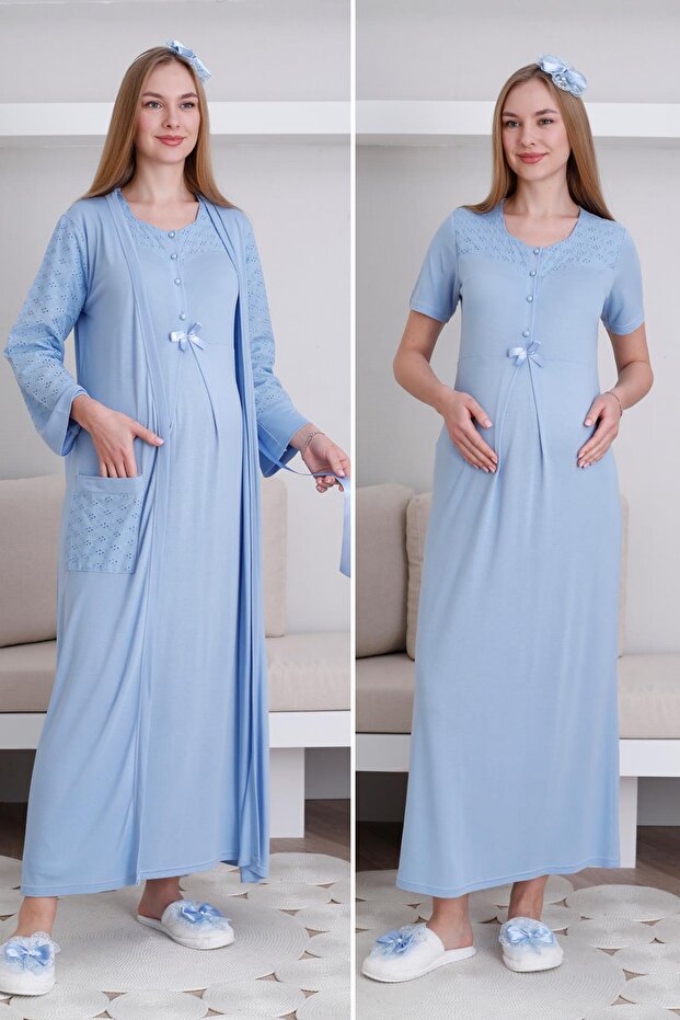 Women's Blue Special Design Lace Maternity Dressing Gown Nightgown Set with Dressing Gown